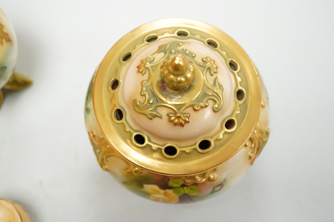 A group of Royal Worcester flower painted porcelain to include a pair vases signed M Hunt and a potpourri, largest 11cm high